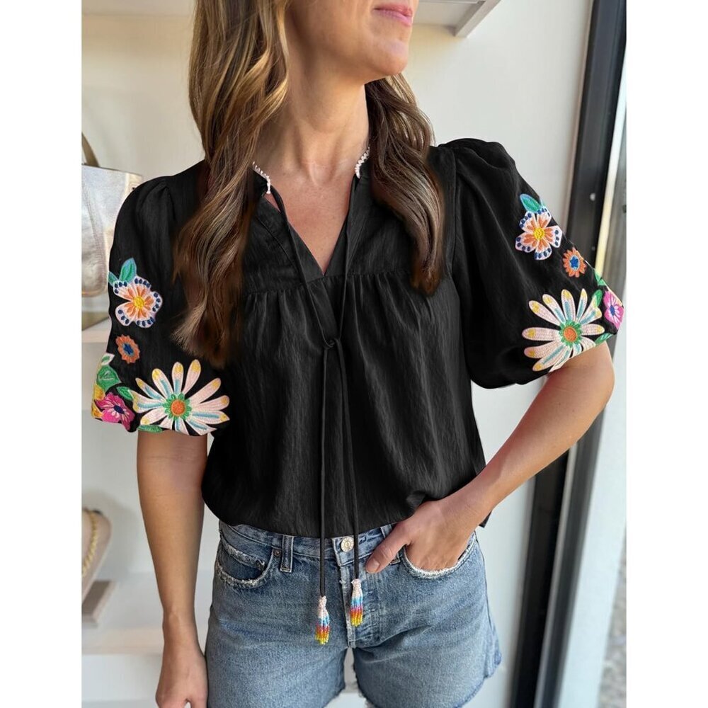 Women's Summer Boho Floral Embroidered V Neck Puff Sleeve Blouse Small - Picture 2 of 4